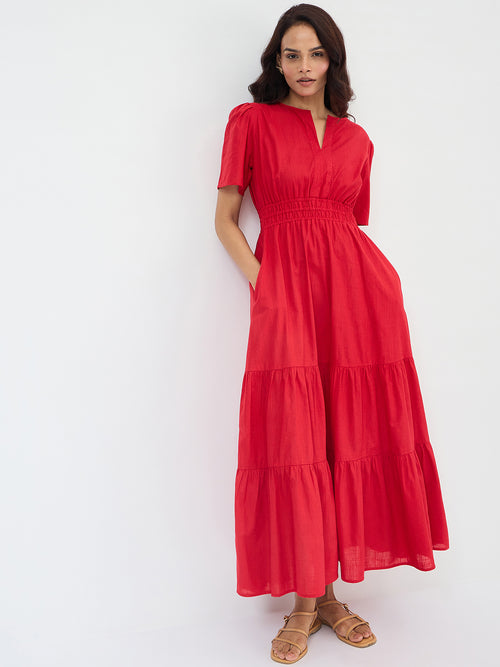 Red Cotton Tiered Maxi Dress