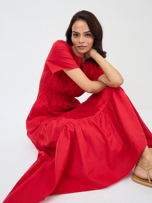 Red Cotton Tiered Maxi Dress