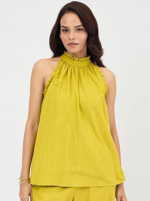 Citrine Green Cotton Halter Neck Top