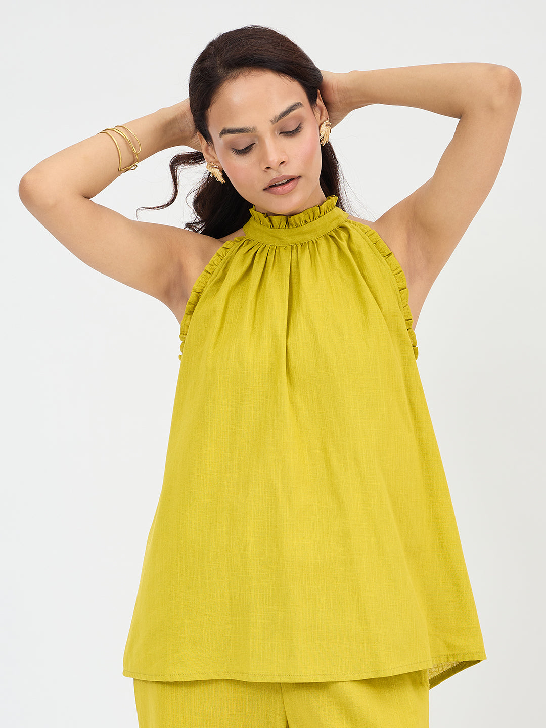 Citrine Green Cotton Halter Neck Top