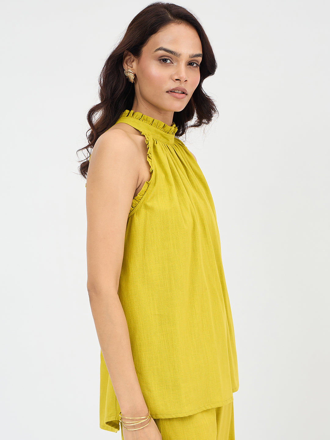 Citrine Green Cotton Halter Neck Top