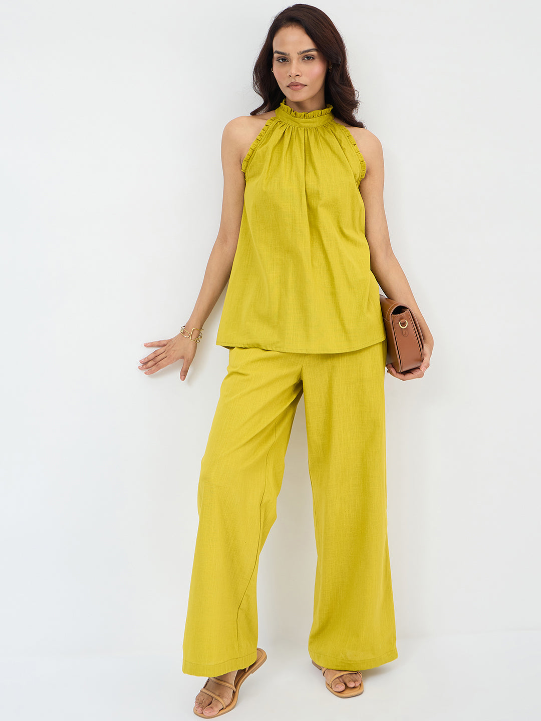 Citrine Green Cotton Halter Neck Top