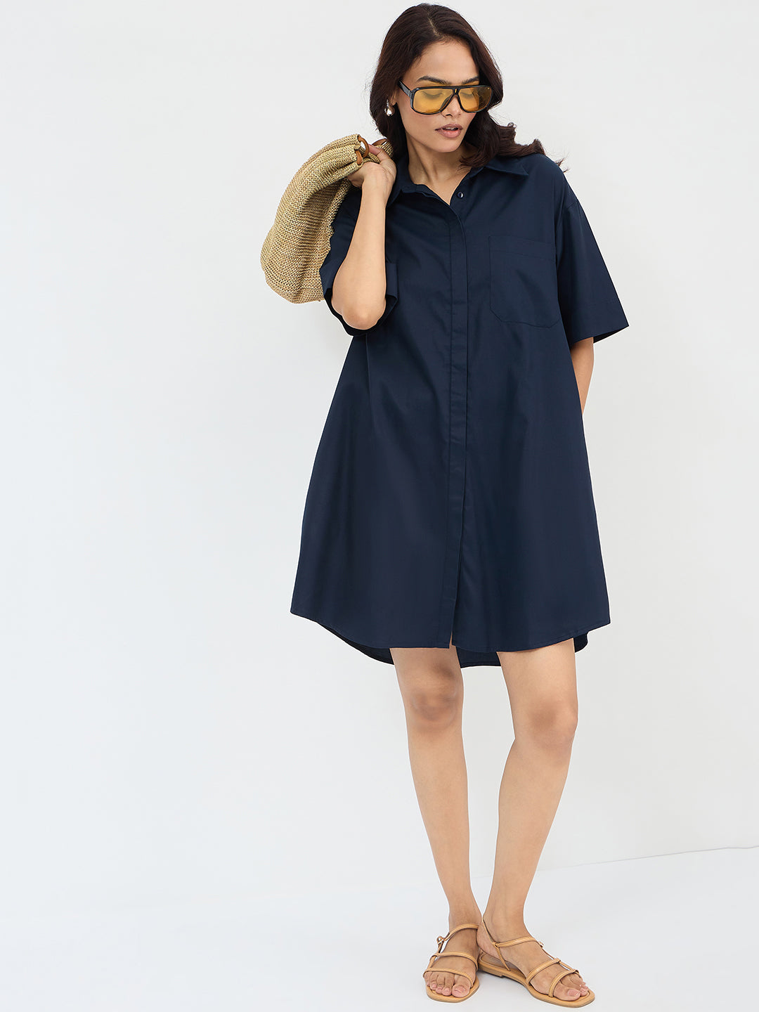 Navy Cotton Shirt Mini Dress