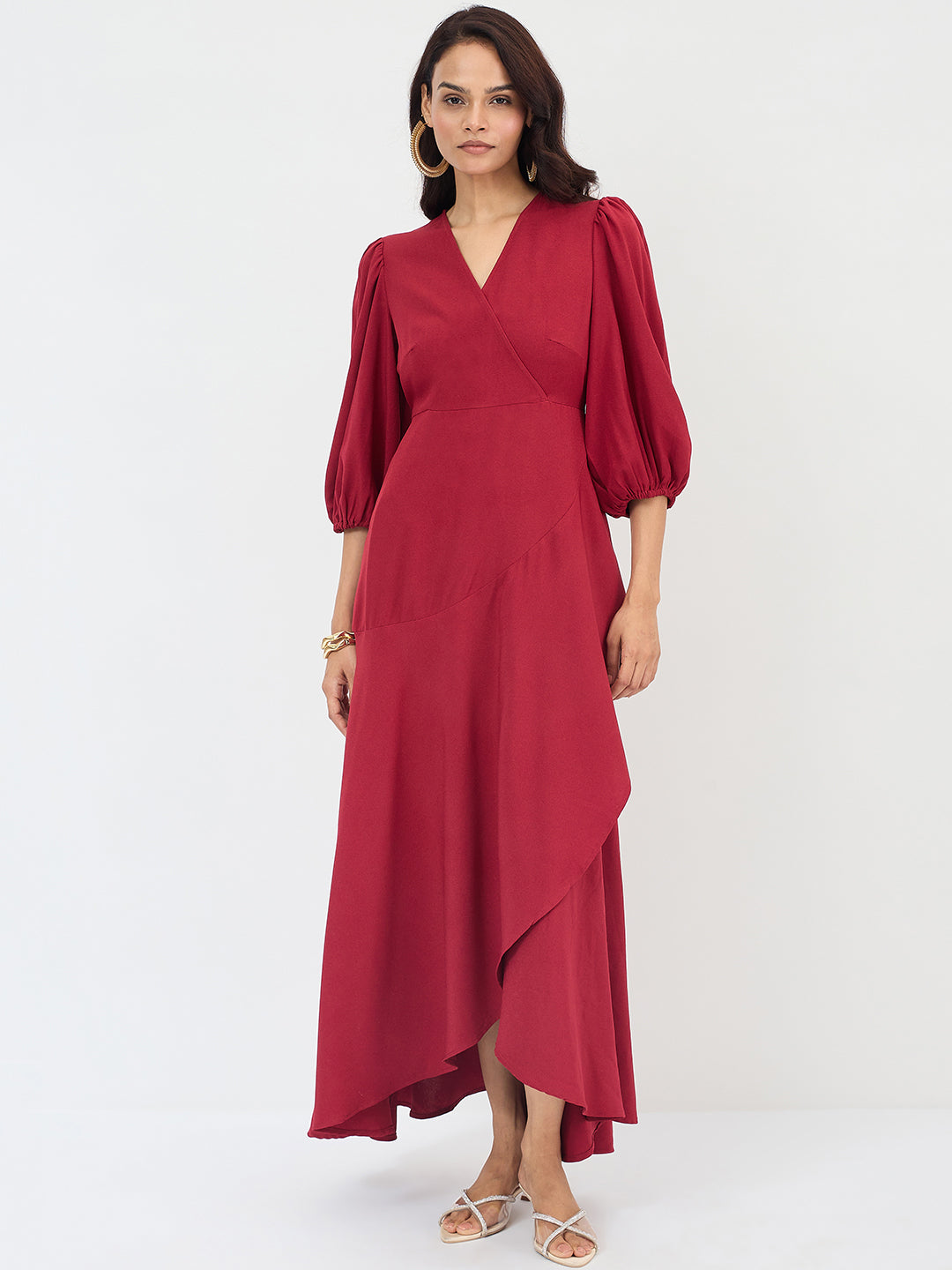 Red Wrap Ruffle Maxi Dress