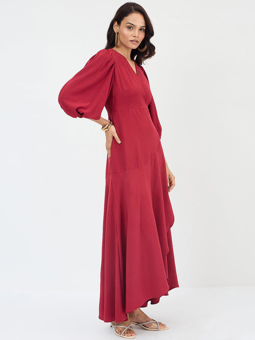 Red Wrap Ruffle Maxi Dress