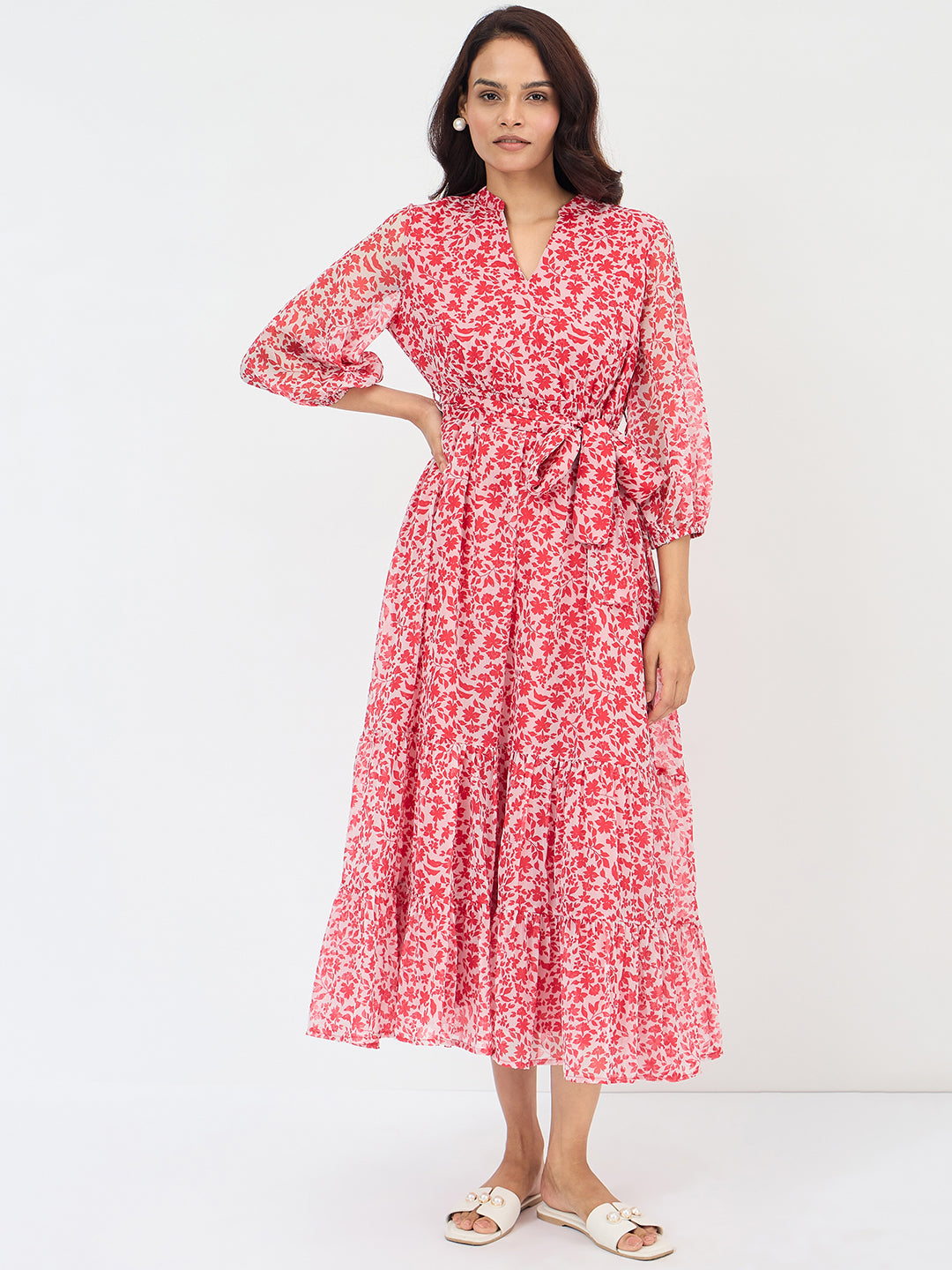 Red And White Floral Print Maxi Dress