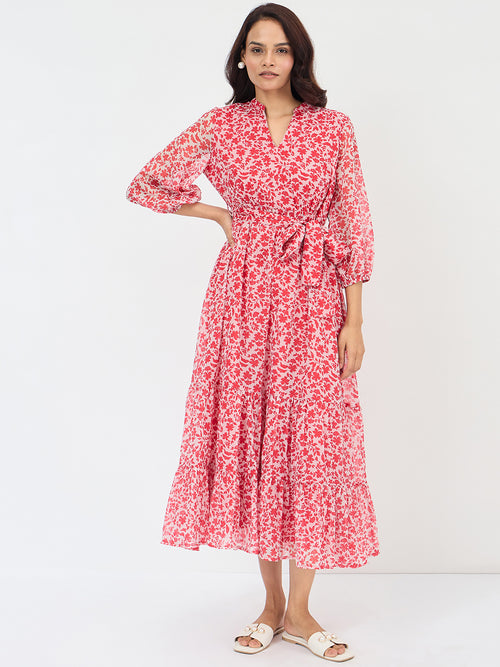 Red And White Floral Print Maxi Dress
