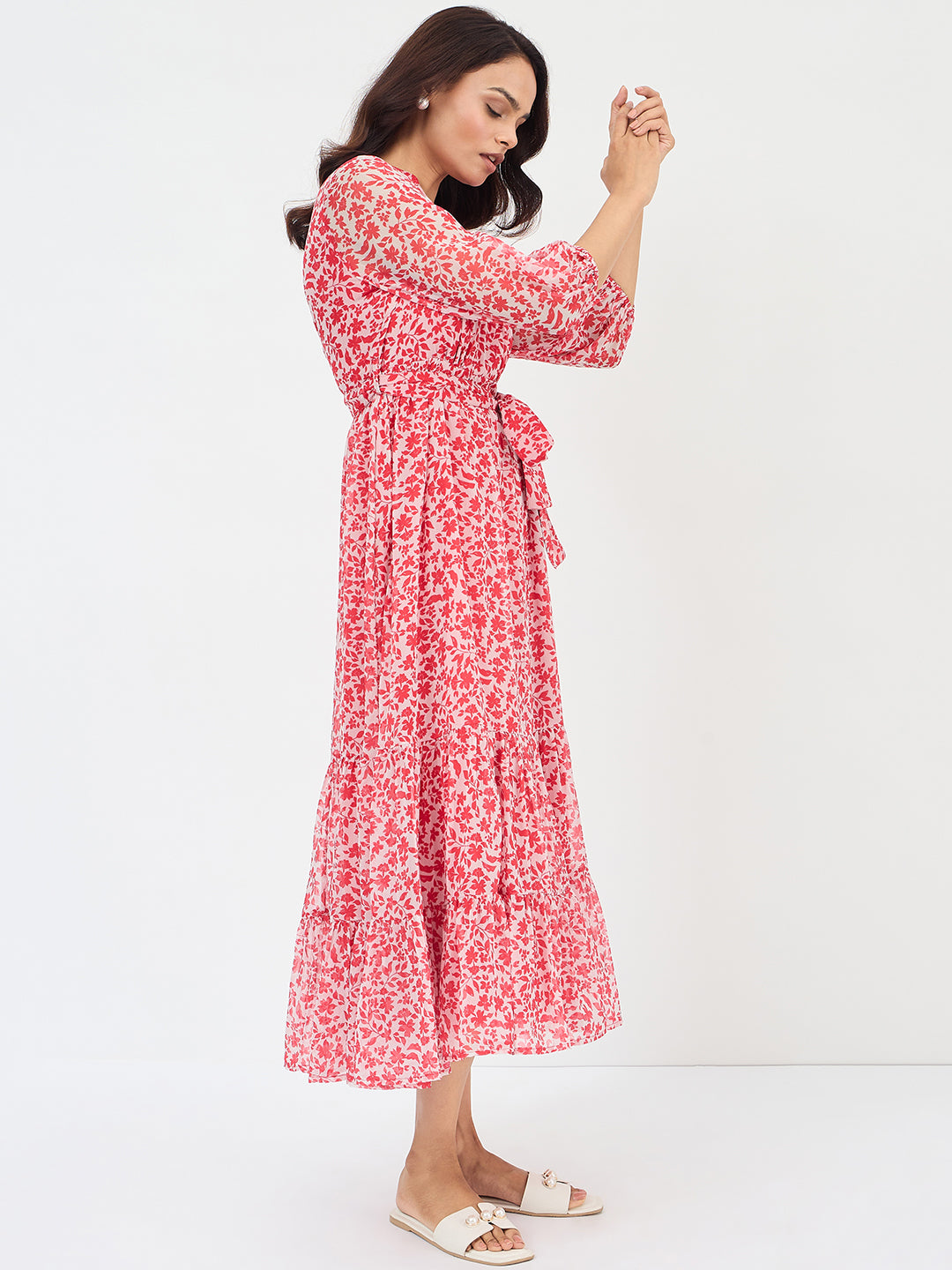 Red And White Floral Print Maxi Dress