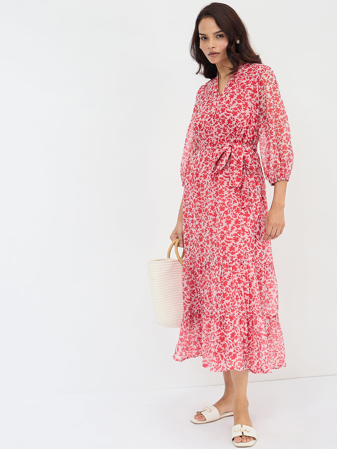 Red And White Floral Print Maxi Dress