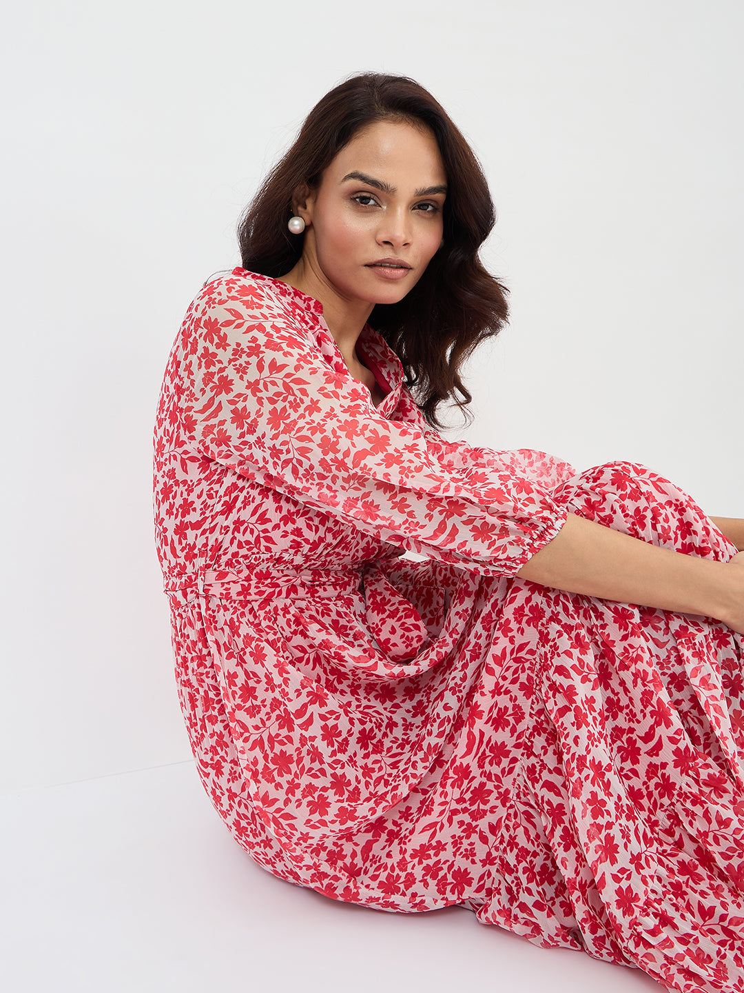 Red And White Floral Print Maxi Dress