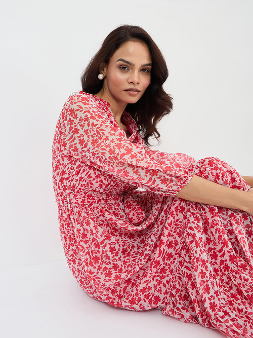 Red And White Floral Print Maxi Dress
