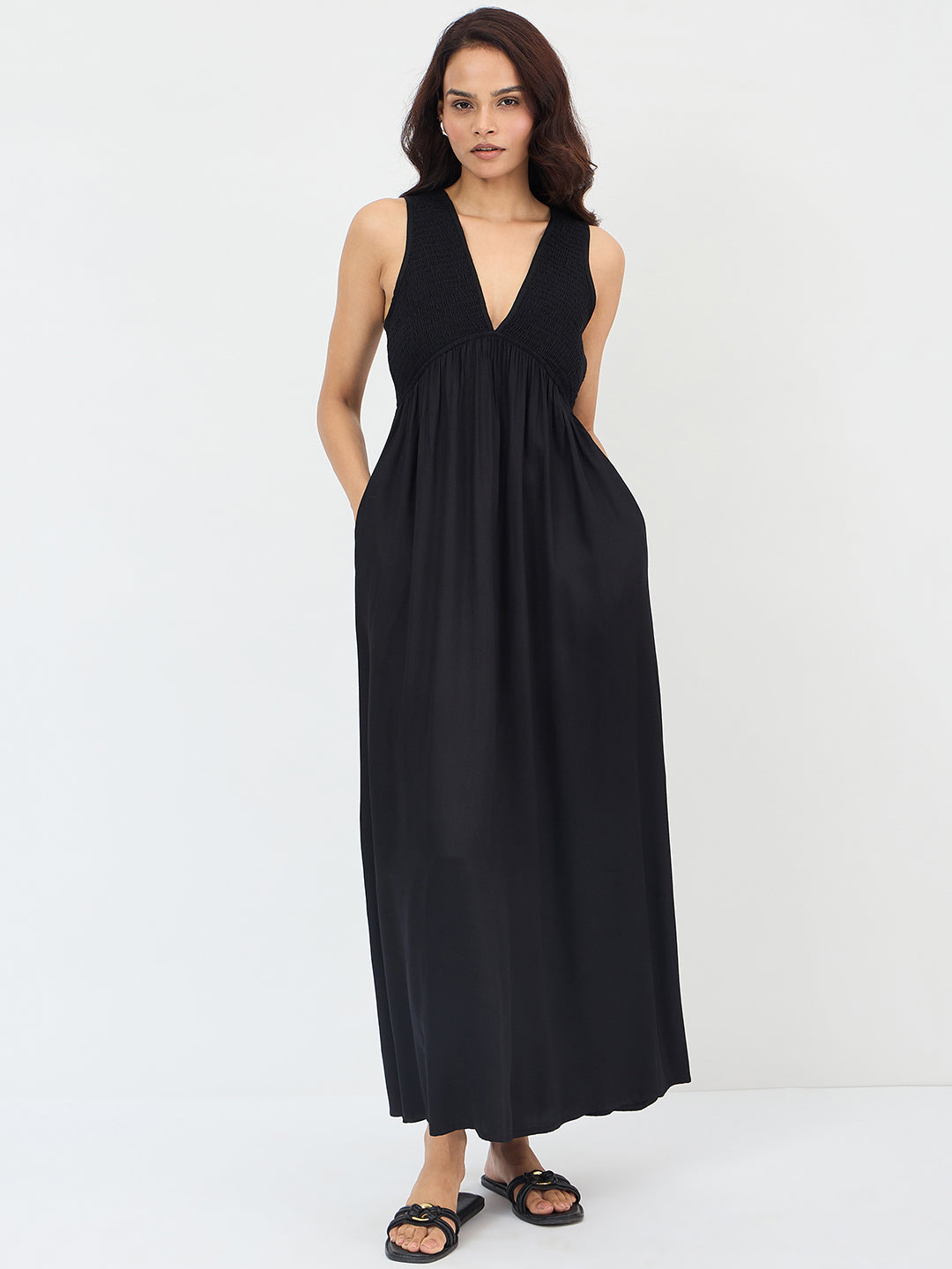 Black Smocked Maxi Dress