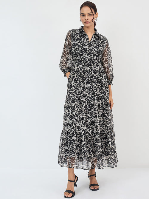 Black And White Floral Tiered Maxi Dress