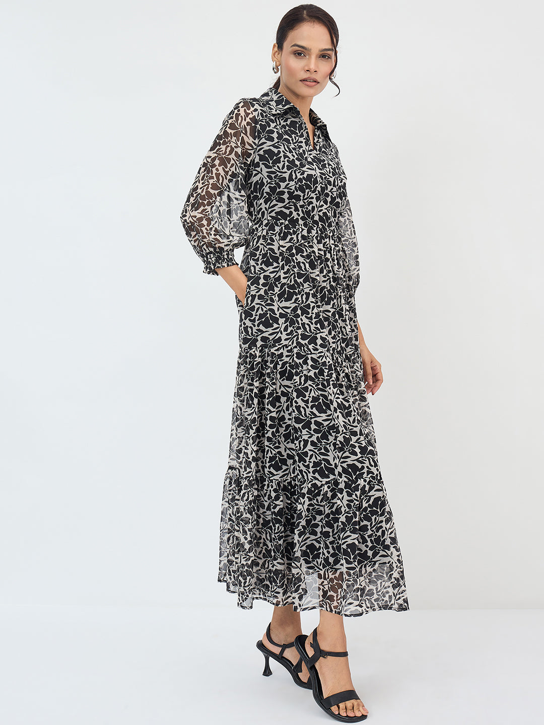 Black And White Floral Tiered Maxi Dress