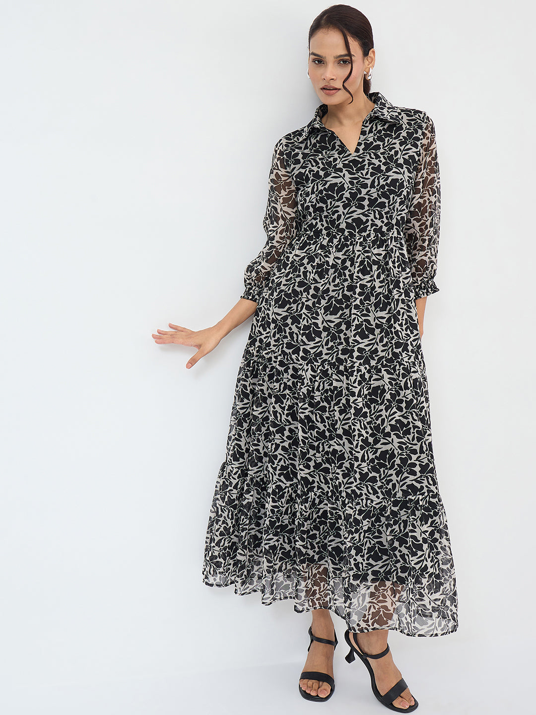 Black And White Floral Tiered Maxi Dress