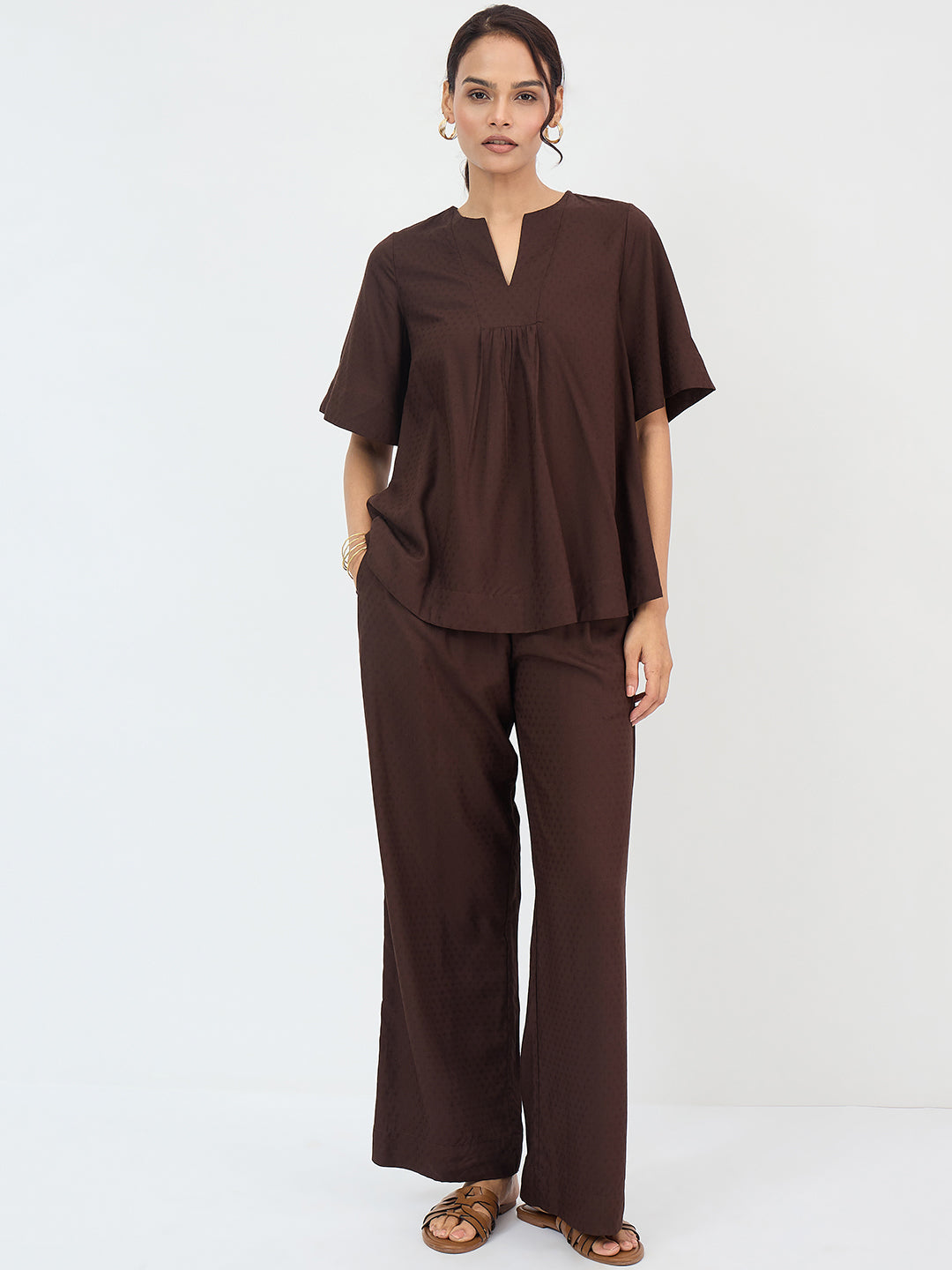 Coffee Brown Dobby Yoke Detail Co-Ord Set