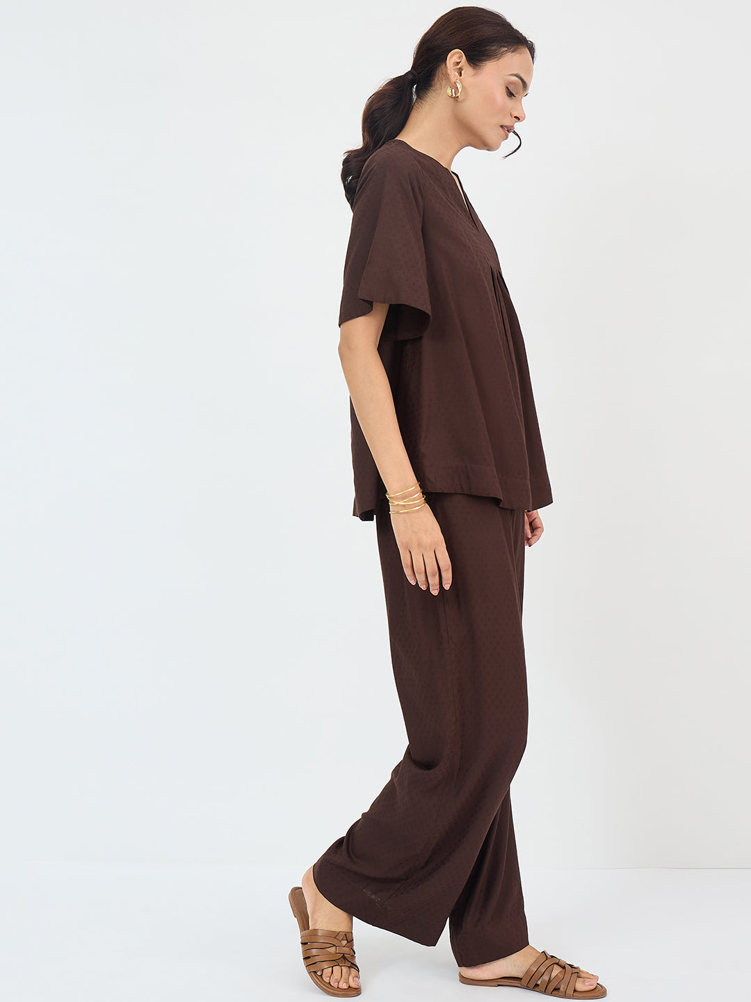 Coffee Brown Dobby Yoke Detail Co-Ord Set