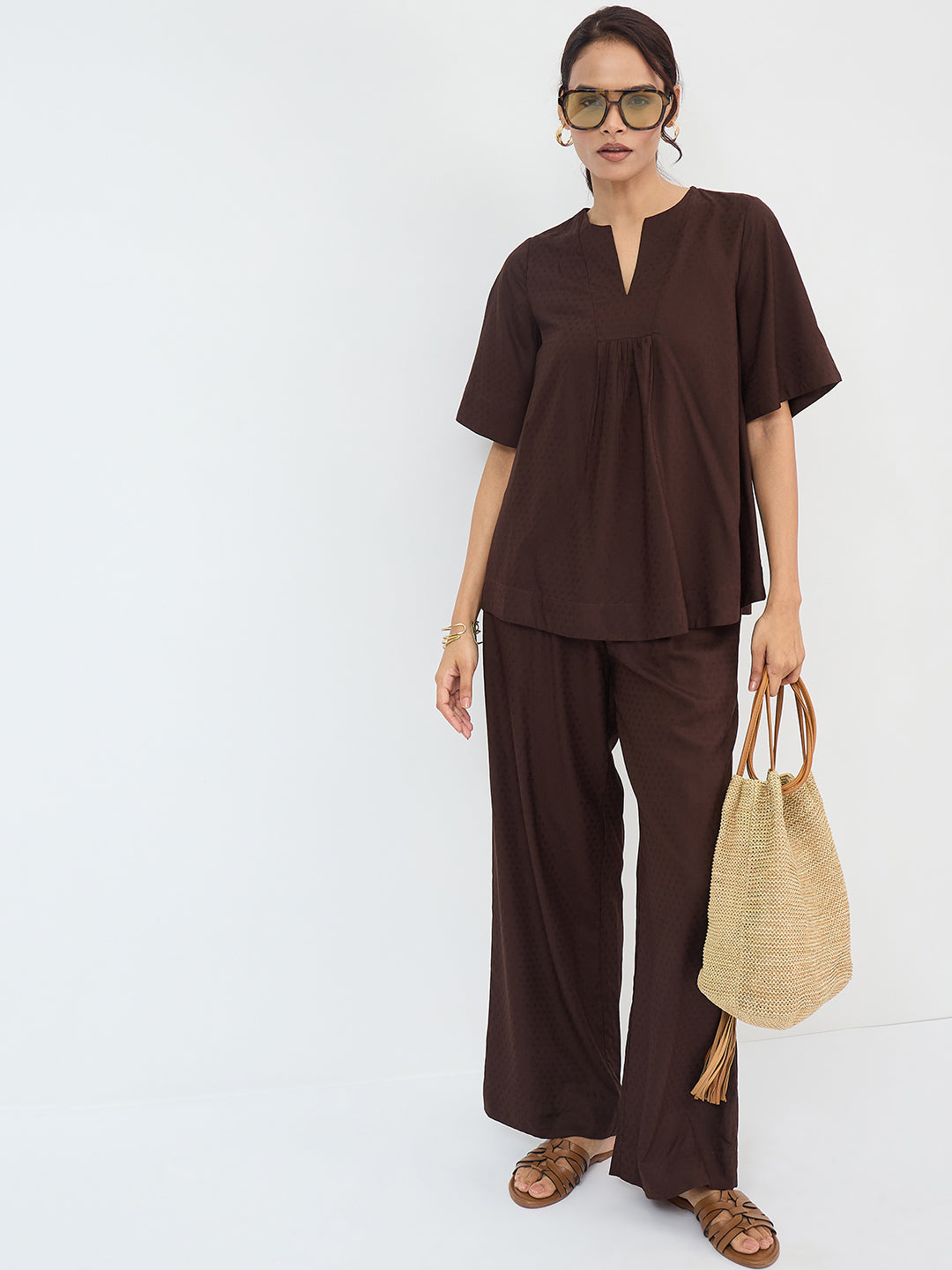 Coffee Brown Dobby Yoke Detail Co-Ord Set