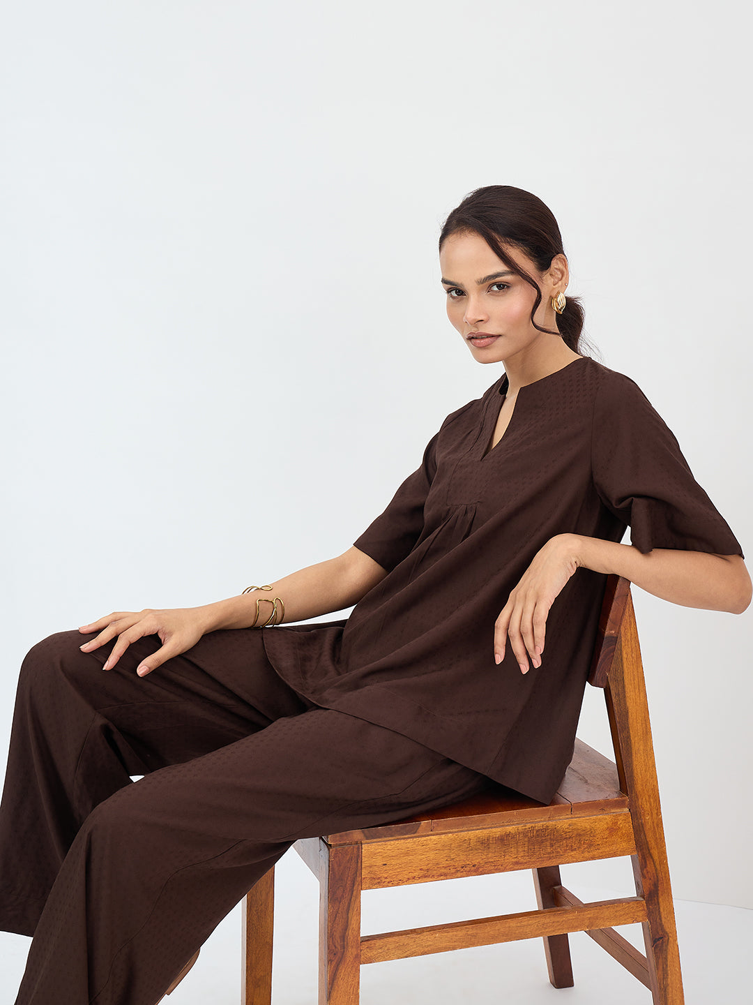 Coffee Brown Dobby Yoke Detail Co-Ord Set