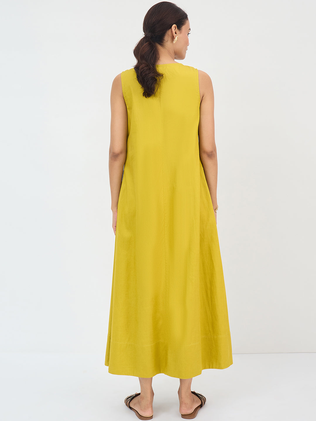 Citrine Green Cotton A-Line Maxi Dress