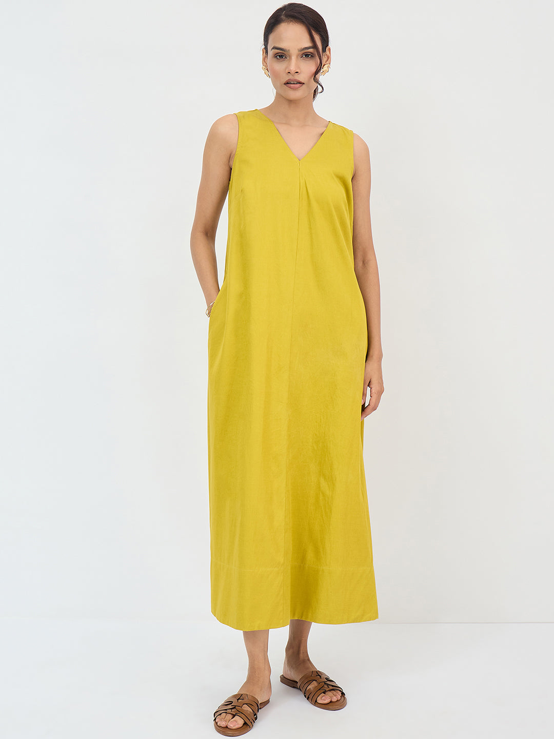 Citrine Green Cotton A-Line Maxi Dress