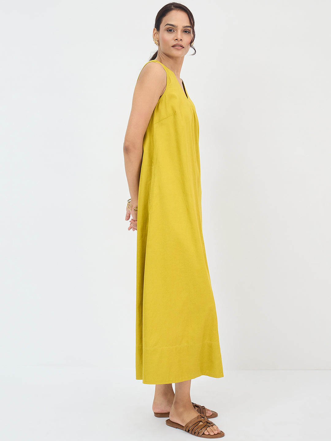 Citrine Green Cotton A-Line Maxi Dress