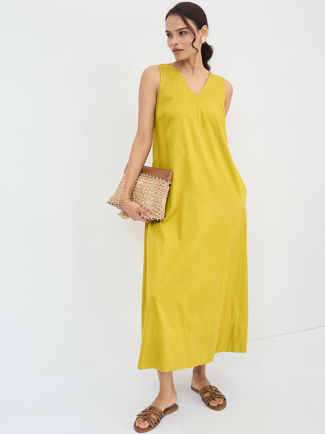 Citrine Green Cotton A-Line Maxi Dress