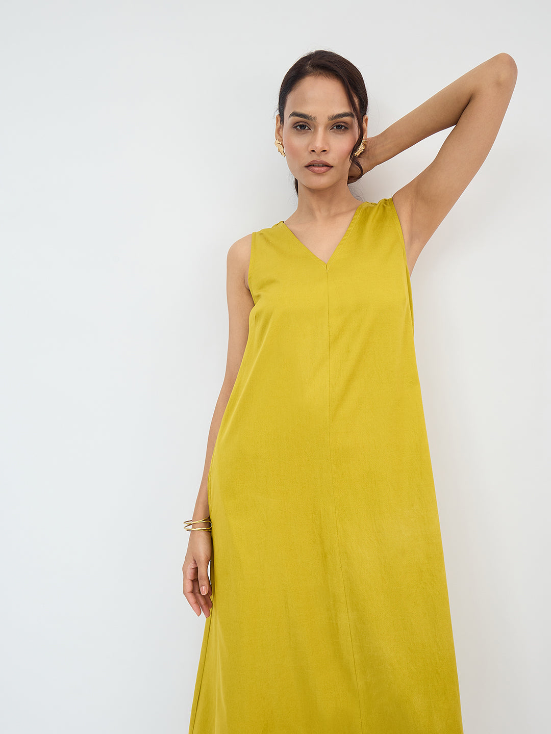 Citrine Green Cotton A-Line Maxi Dress