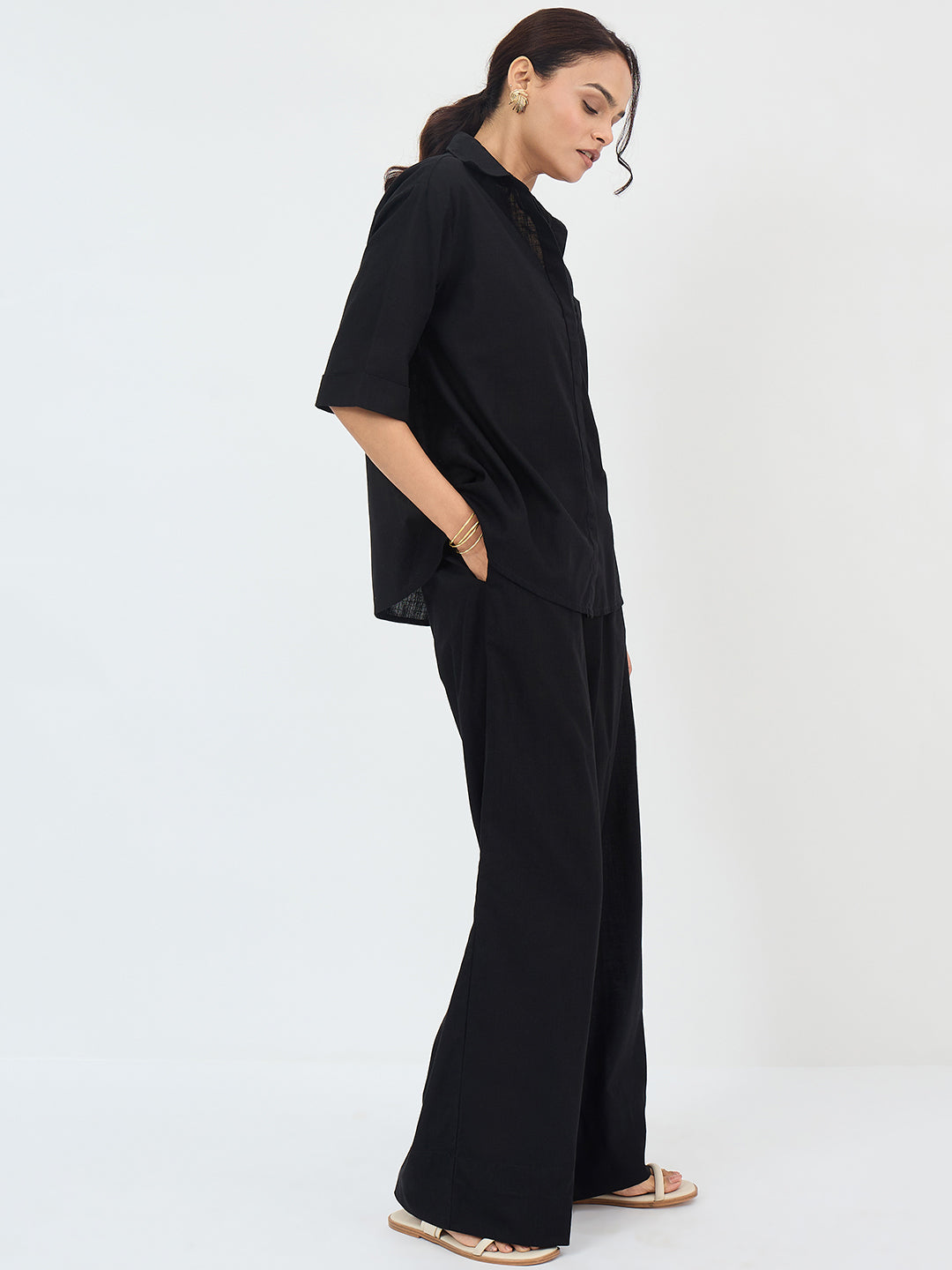 Black Cotton Shirt Co-Ord Set