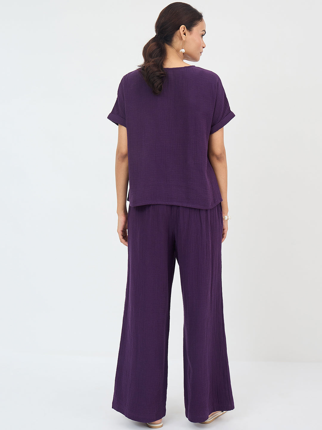 Cotton Gauze Deep Purple Round Neck Top With Straight Pant