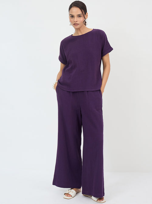 Cotton Gauze Deep Purple Round Neck Top With Straight Pant