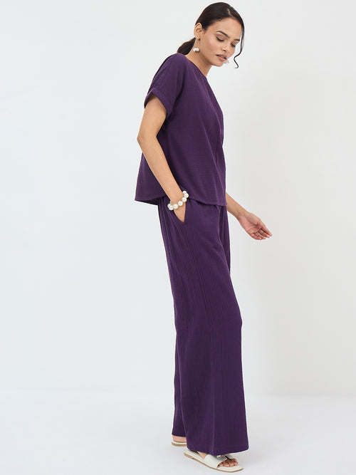 Cotton Gauze Deep Purple Round Neck Top With Straight Pant