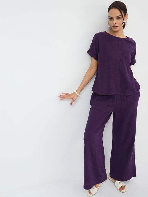 Cotton Gauze Deep Purple Round Neck Top With Straight Pant