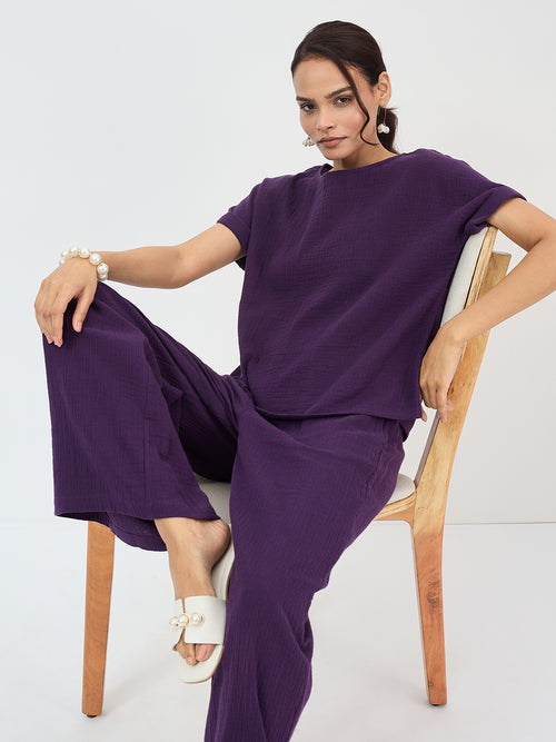 Cotton Gauze Deep Purple Round Neck Top With Straight Pant