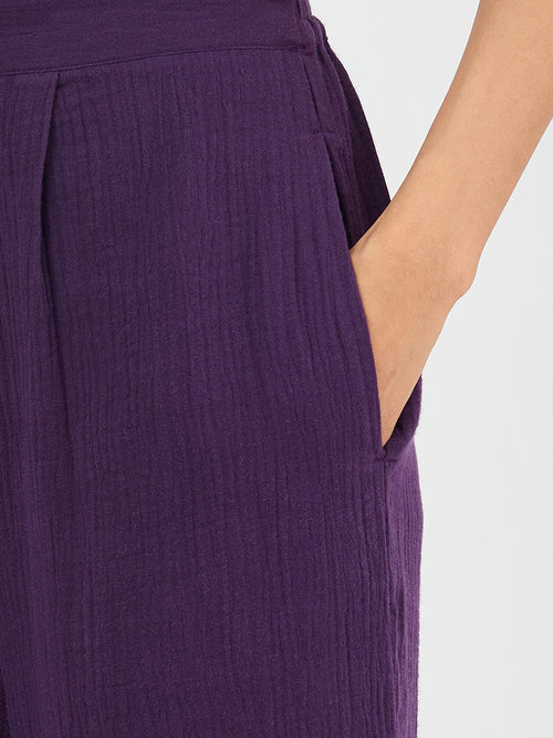 Cotton Gauze Deep Purple Round Neck Top With Straight Pant