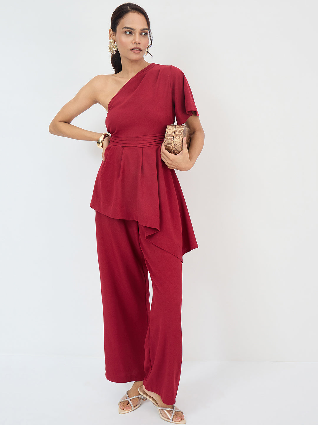 Red Asymmetric One Shoulder Co-Ord Set