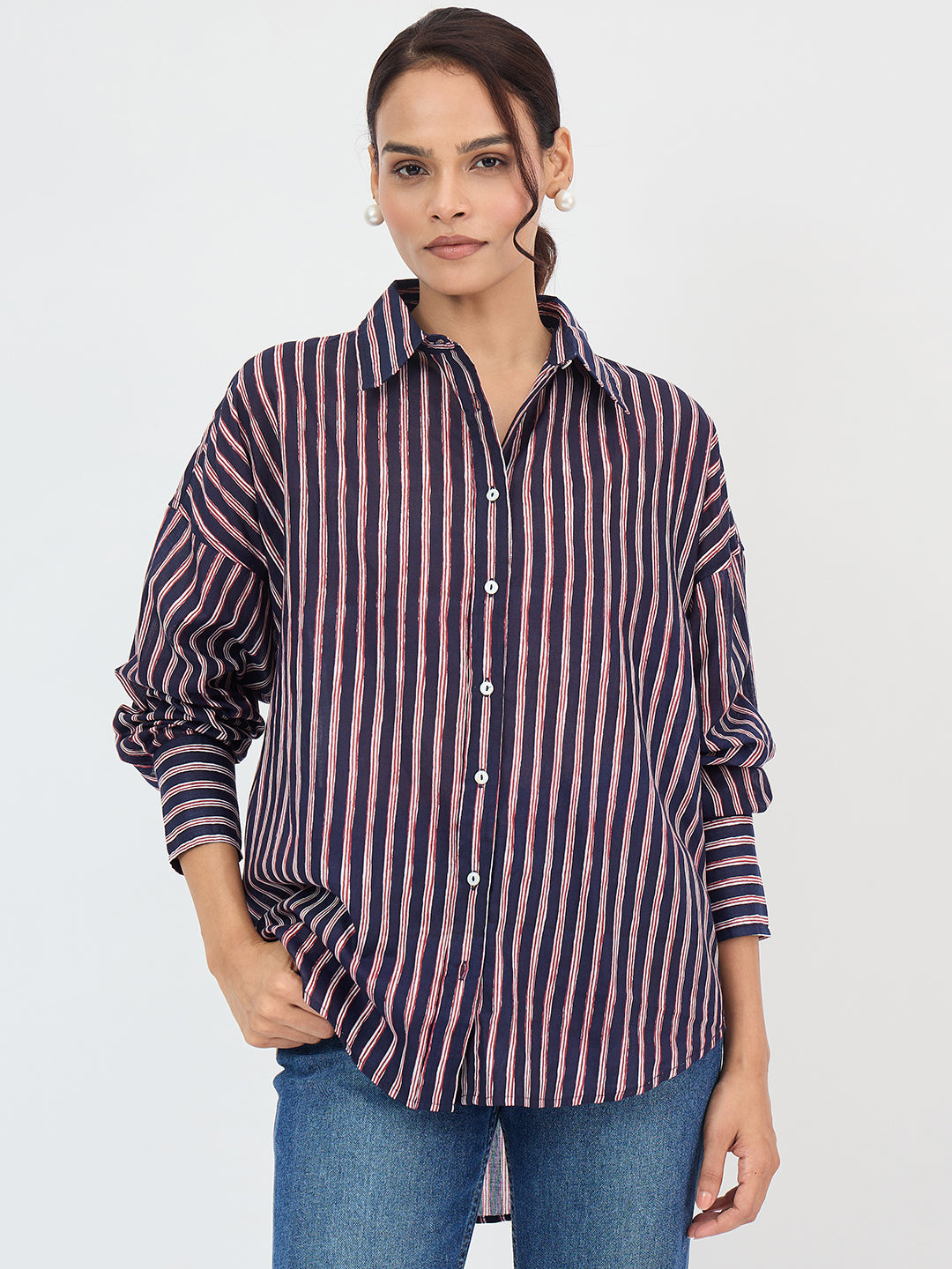 Navy Cotton Stripe Oversized Shirt
