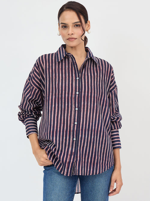 Navy Cotton Stripe Oversized Shirt