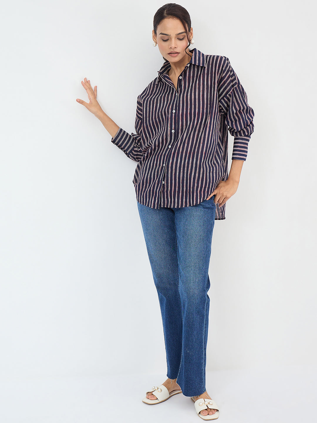 Navy Cotton Stripe Oversized Shirt