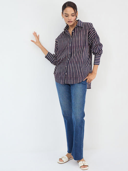 Navy Cotton Stripe Oversized Shirt