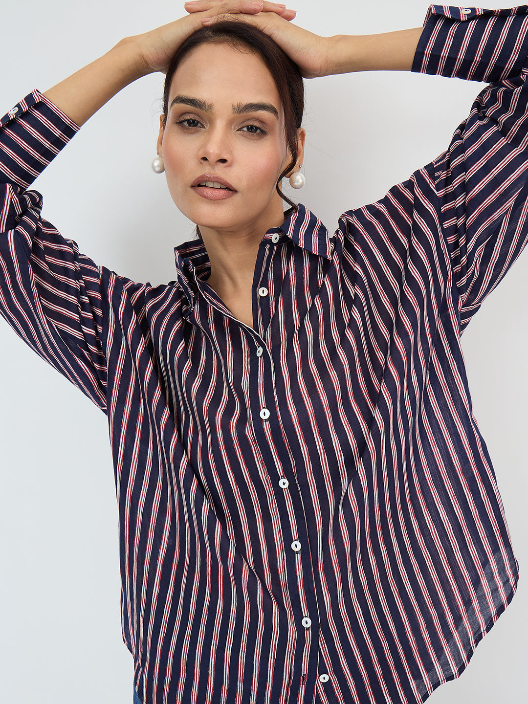 Navy Cotton Stripe Oversized Shirt