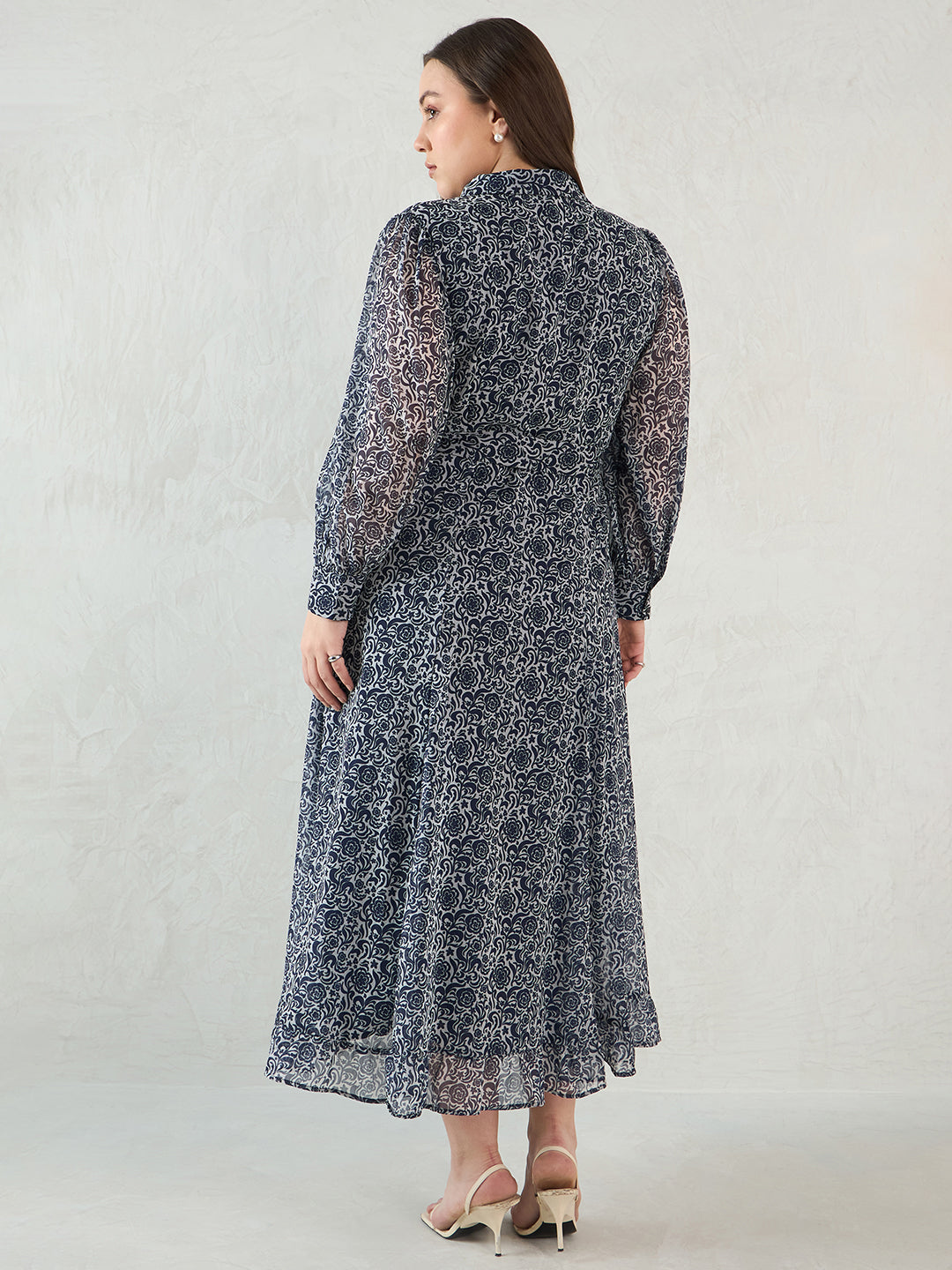Navy Floral Printed Solid Placket Detail Maxi Dress