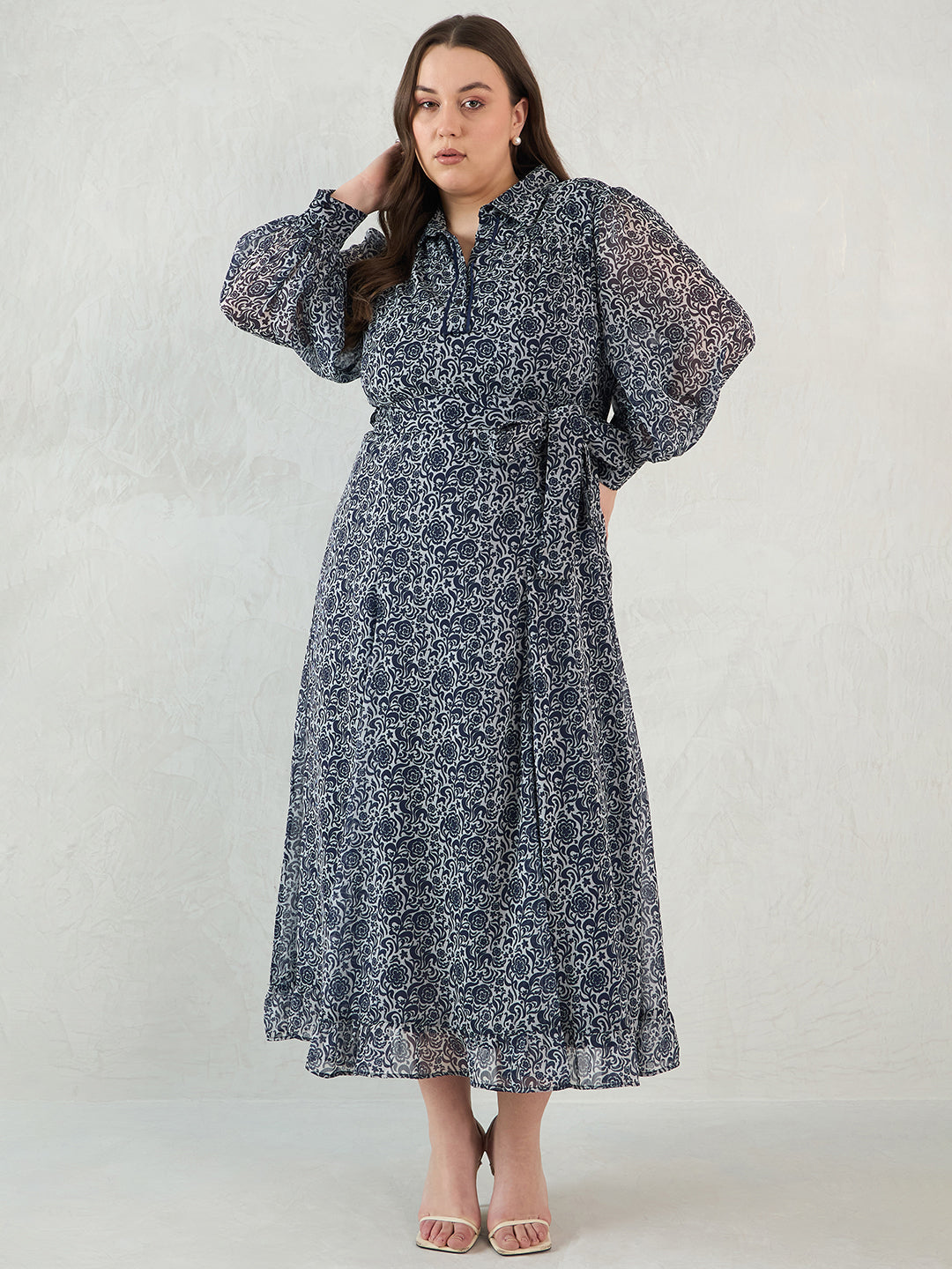 Navy Floral Printed Solid Placket Detail Maxi Dress