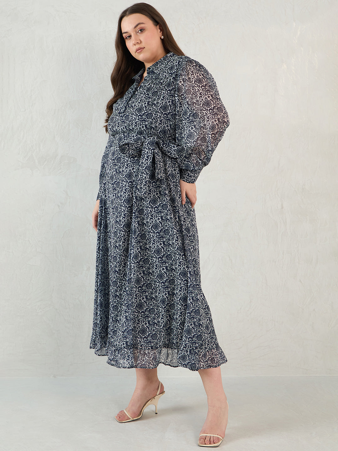 Navy Floral Printed Solid Placket Detail Maxi Dress