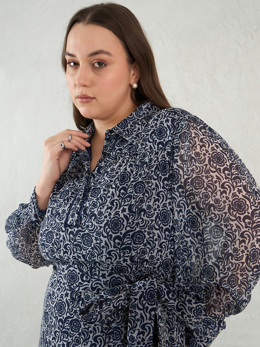 Navy Floral Printed Solid Placket Detail Maxi Dress