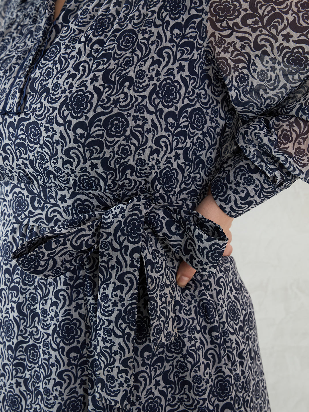 Navy Floral Printed Solid Placket Detail Maxi Dress