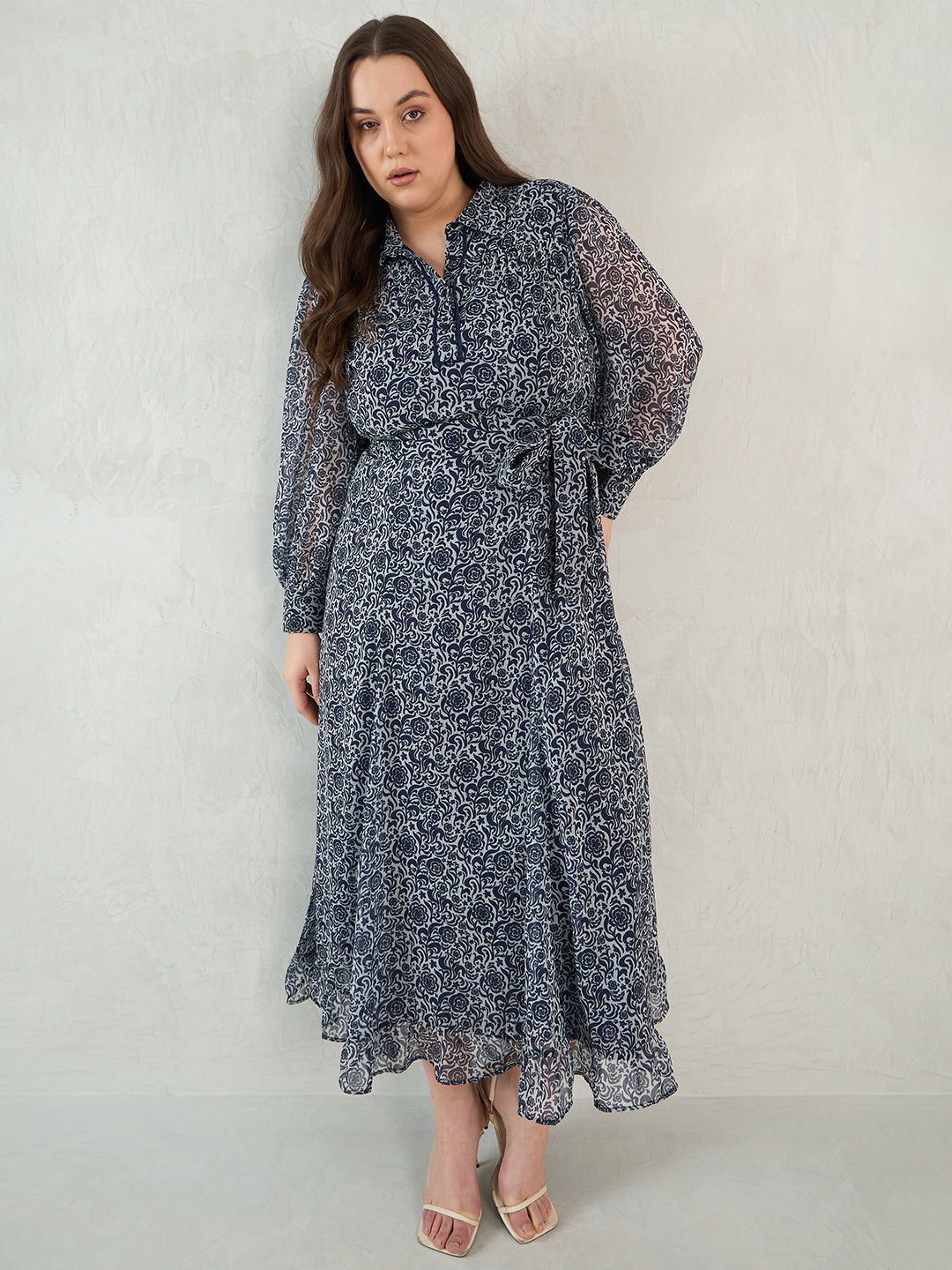 Navy Floral Printed Solid Placket Detail Maxi Dress