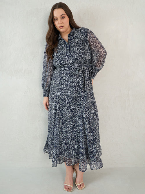 Navy Floral Printed Solid Placket Detail Maxi Dress