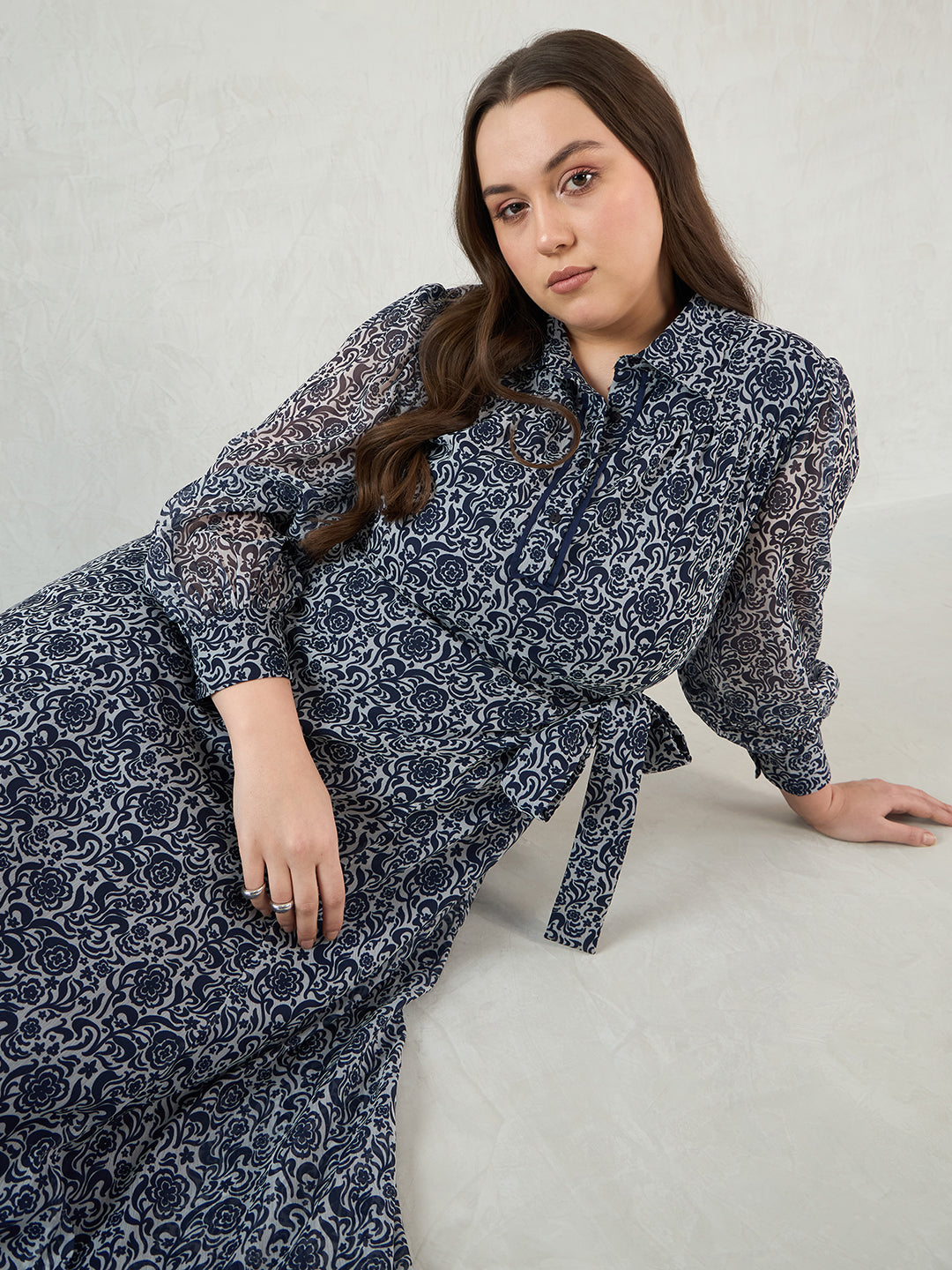 Navy Floral Printed Solid Placket Detail Maxi Dress