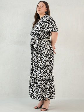 Black And White Abstract Print Tiered Maxi Dress